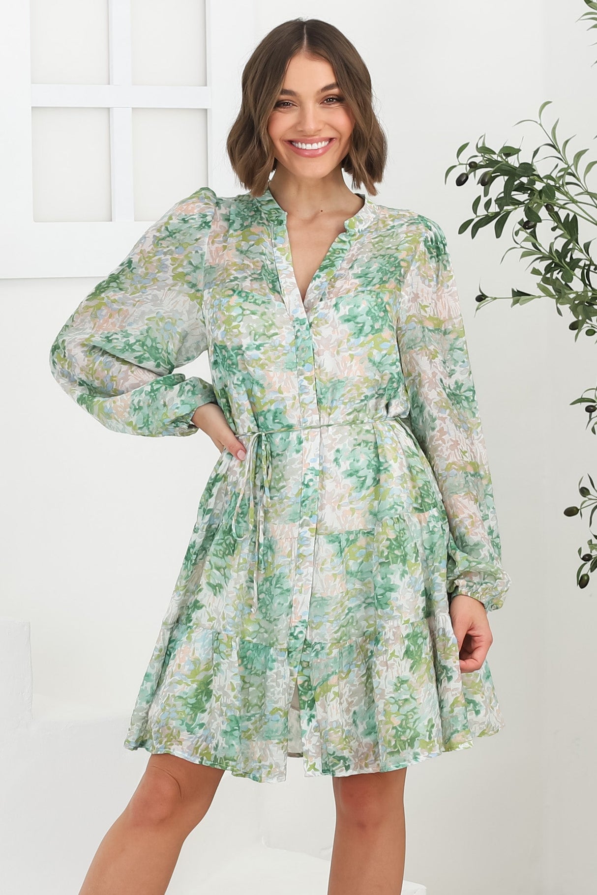 Cadell Mini Dress: Mandarin Collar Buttoned Down Dress in Odette Print