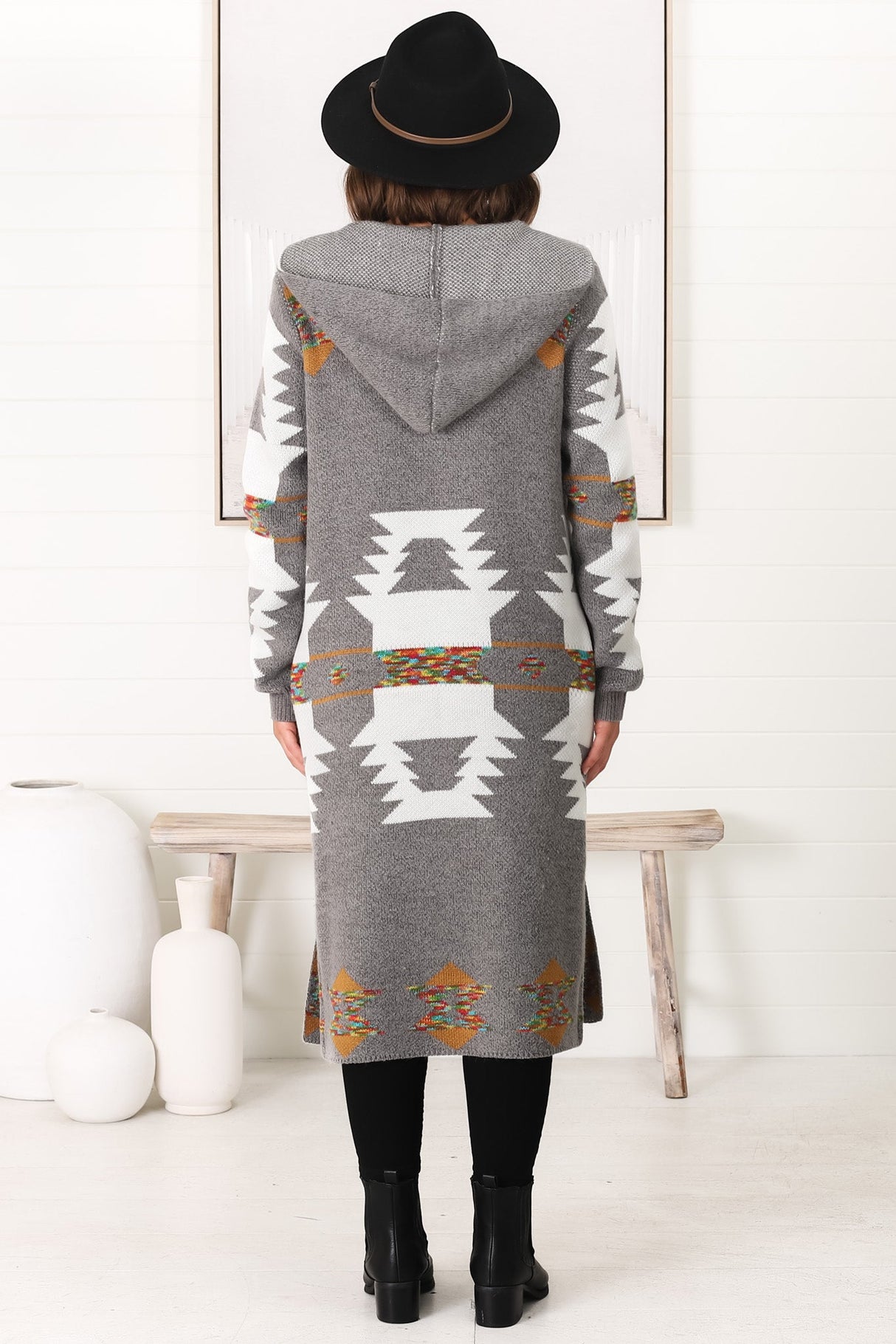 Quest Cardigan - Hooded Long Line Graphic Cardigan in Grey