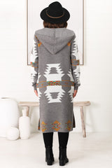 Quest Cardigan - Hooded Long Line Graphic Cardigan in Grey