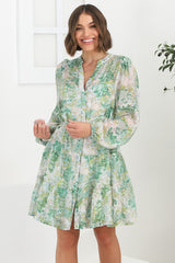 Cadell Mini Dress: Mandarin Collar Buttoned Down Dress in Odette Print