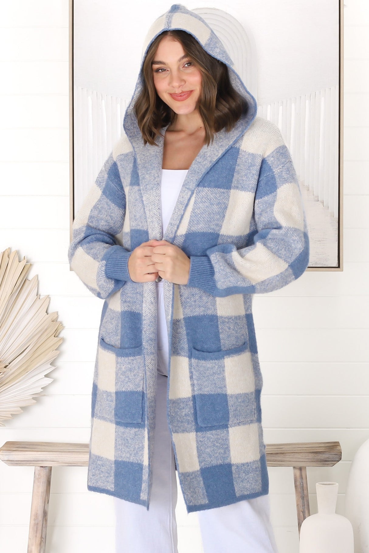 Nowel Cardigan - Hooded Checkered Cardigan with Pockets in Blue