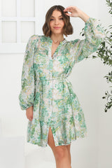 Cadell Mini Dress: Mandarin Collar Buttoned Down Dress in Odette Print