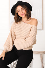 Celina Knit Top - Open Knit Stitch Boat Neckline Top in Beige