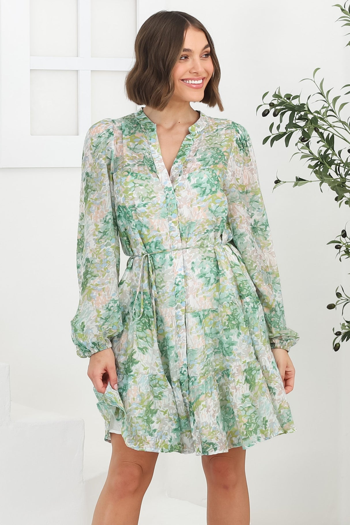 Cadell Mini Dress: Mandarin Collar Buttoned Down Dress in Odette Print