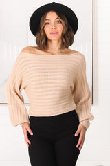 Celina Knit Top - Open Knit Stitch Boat Neckline Top in Beige