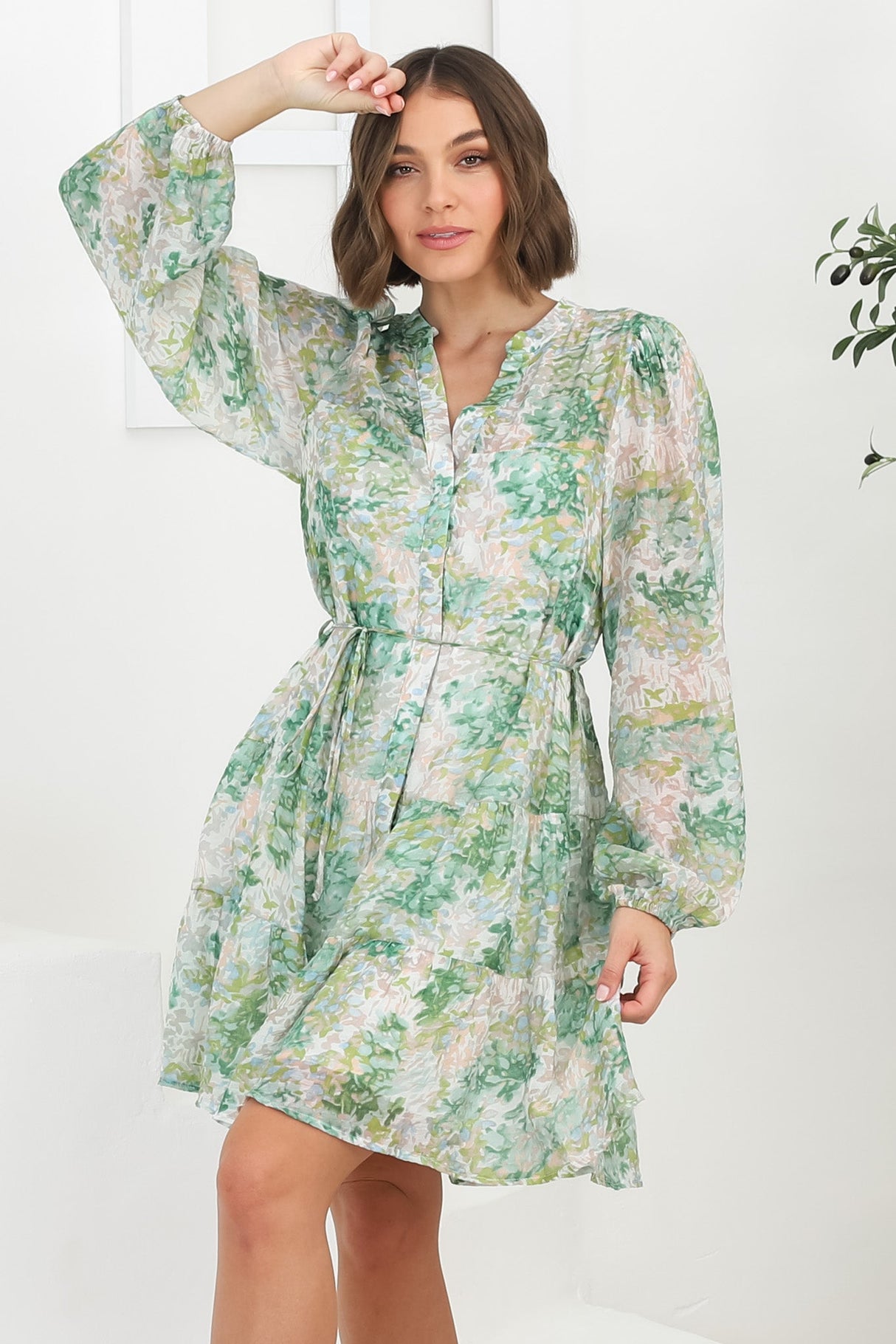 Cadell Mini Dress: Mandarin Collar Buttoned Down Dress in Odette Print