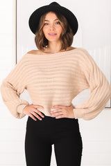 Celina Knit Top - Open Knit Stitch Boat Neckline Top in Beige