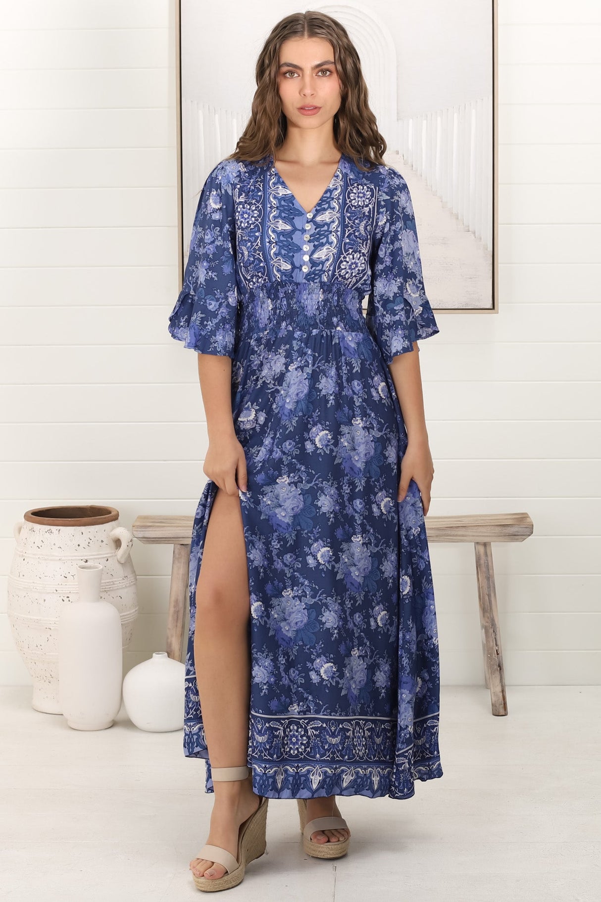 Alba Maxi Dress - Buttoned Bodie A Line Dress With Flute Sleeves In Janger Print