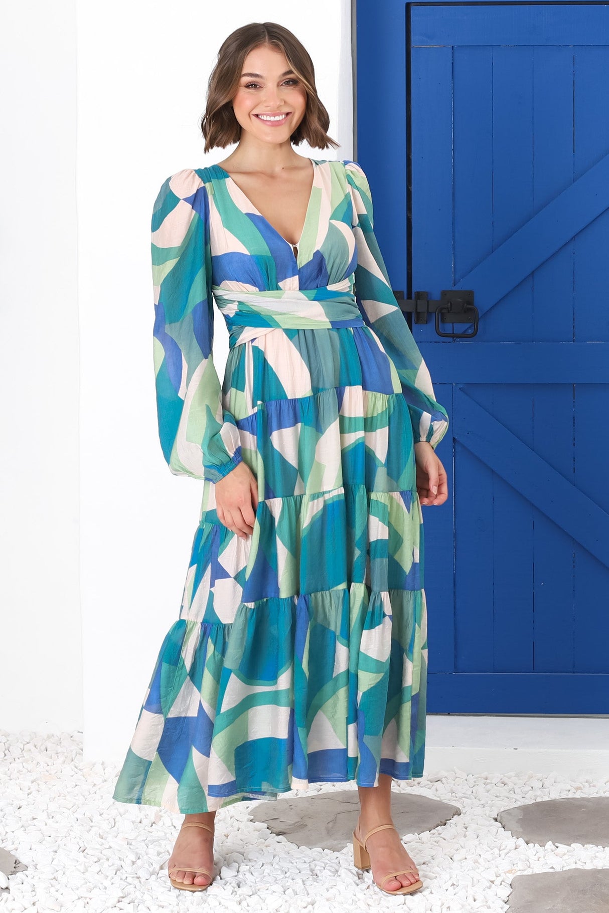 Amberlyn Maxi Dress - Tiered Balloon Sleeve A Line Dress in Meryl Print