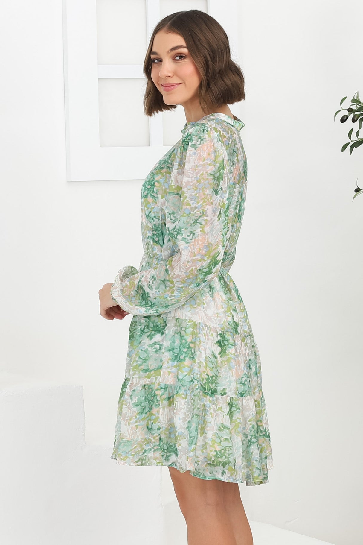 Cadell Mini Dress: Mandarin Collar Buttoned Down Dress in Odette Print