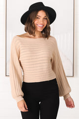 Celina Knit Top - Open Knit Stitch Boat Neckline Top in Beige