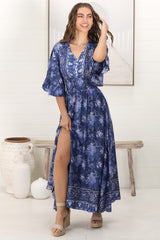 Alba Maxi Dress - Buttoned Bodie A Line Dress With Flute Sleeves In Janger Print