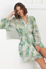 Cadell Mini Dress: Mandarin Collar Buttoned Down Dress in Odette Print