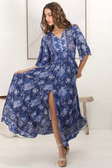 Alba Maxi Dress - Buttoned Bodie A Line Dress With Flute Sleeves In Janger Print