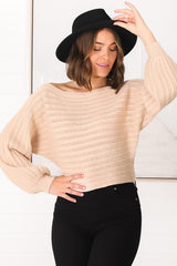 Celina Knit Top - Open Knit Stitch Boat Neckline Top in Beige