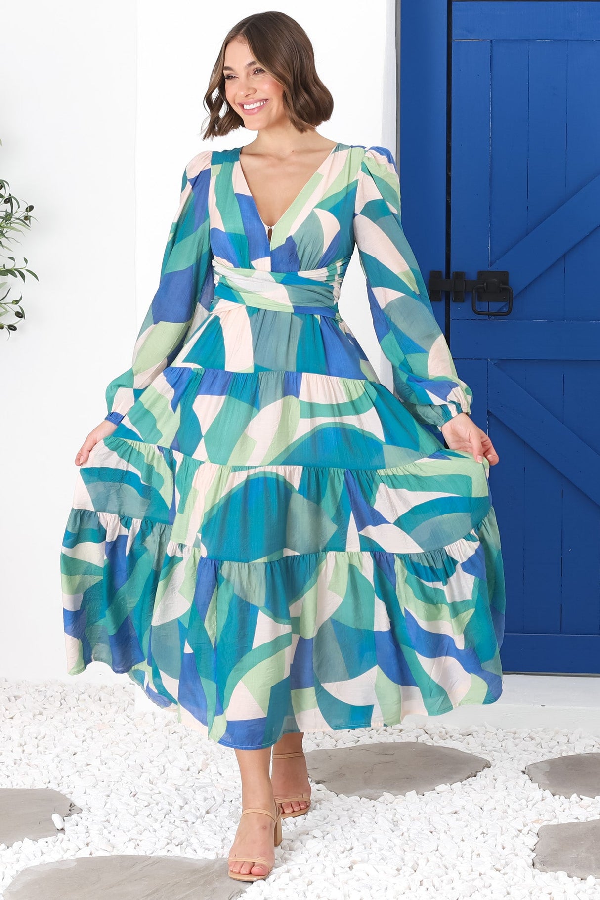 Amberlyn Maxi Dress - Tiered Balloon Sleeve A Line Dress in Meryl Print