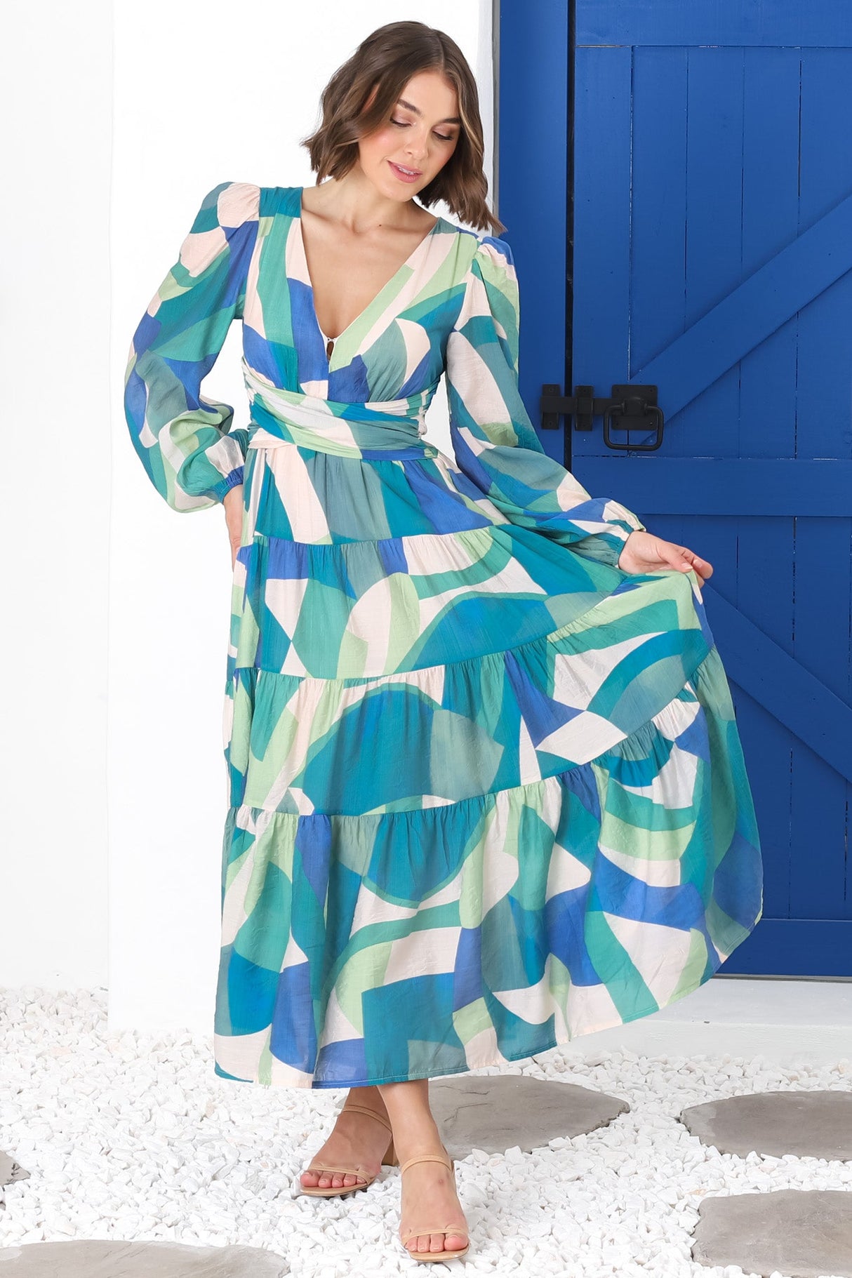 Amberlyn Maxi Dress - Tiered Balloon Sleeve A Line Dress in Meryl Print