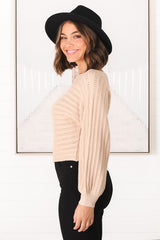 Celina Knit Top - Open Knit Stitch Boat Neckline Top in Beige