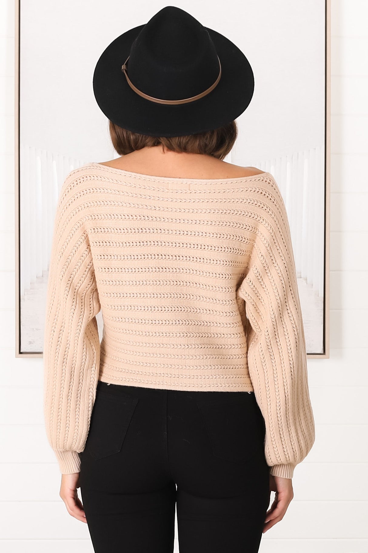 Celina Knit Top - Open Knit Stitch Boat Neckline Top in Beige