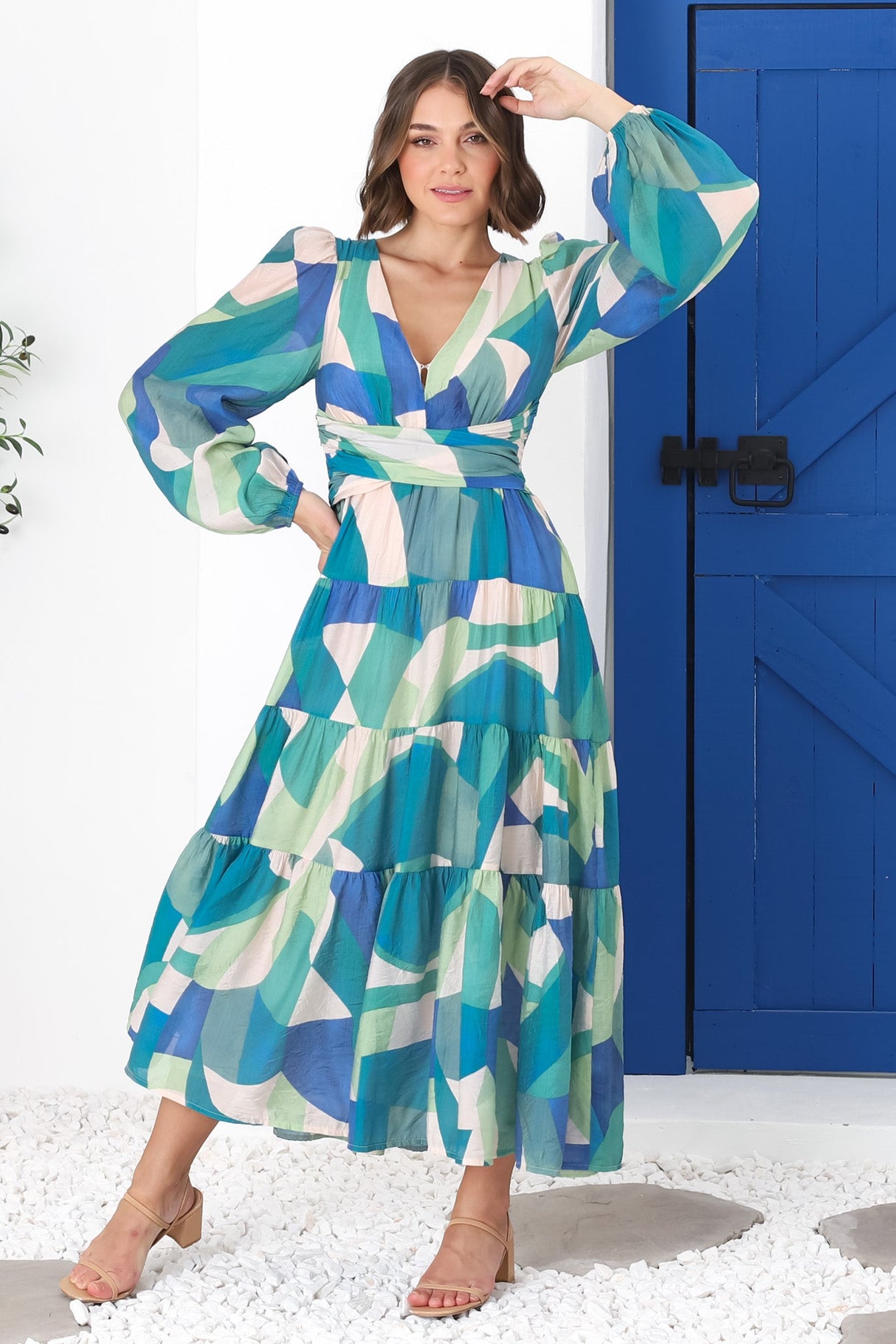 Amberlyn Maxi Dress - Tiered Balloon Sleeve A Line Dress in Meryl Print