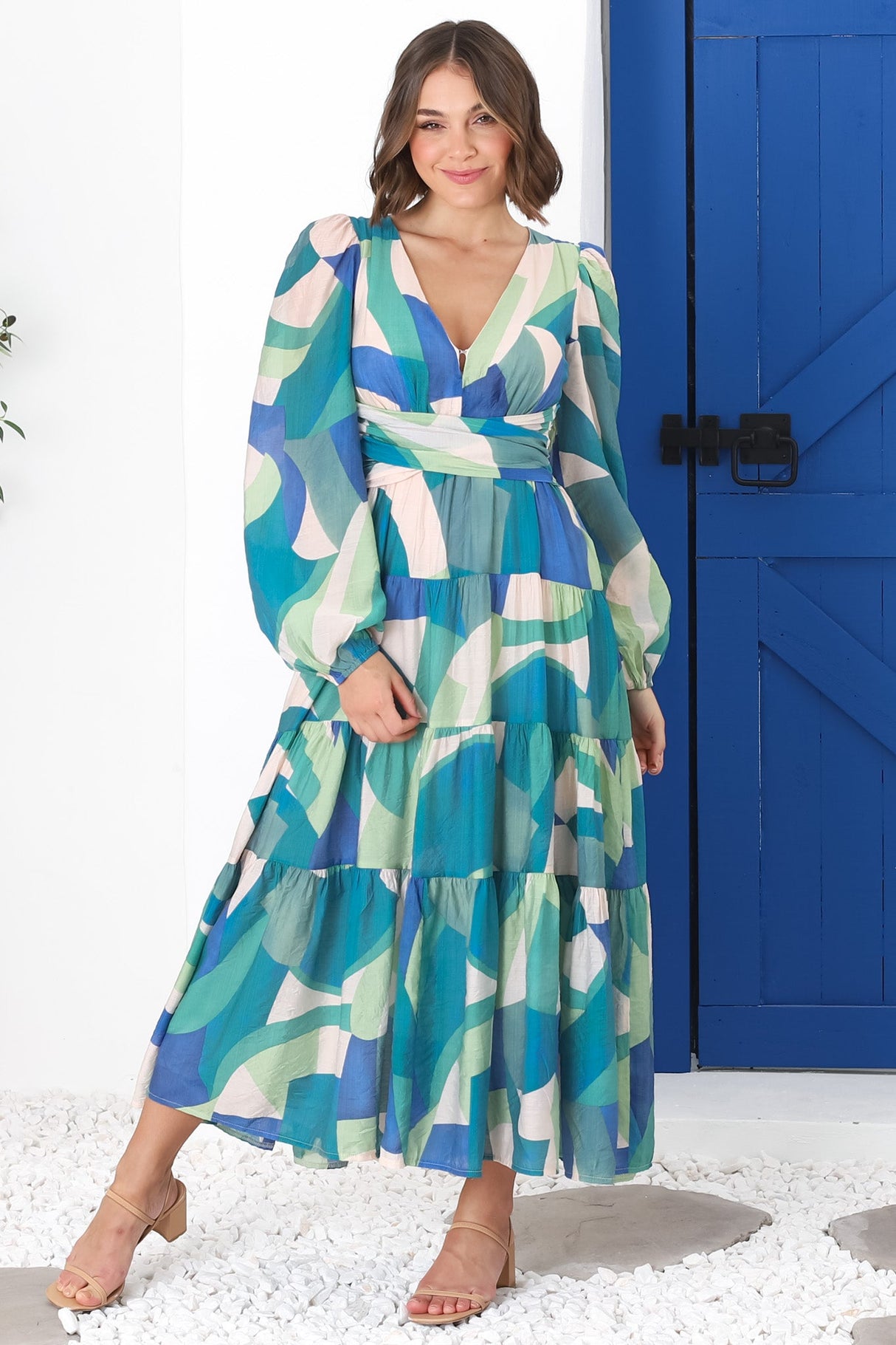 Amberlyn Maxi Dress - Tiered Balloon Sleeve A Line Dress in Meryl Print