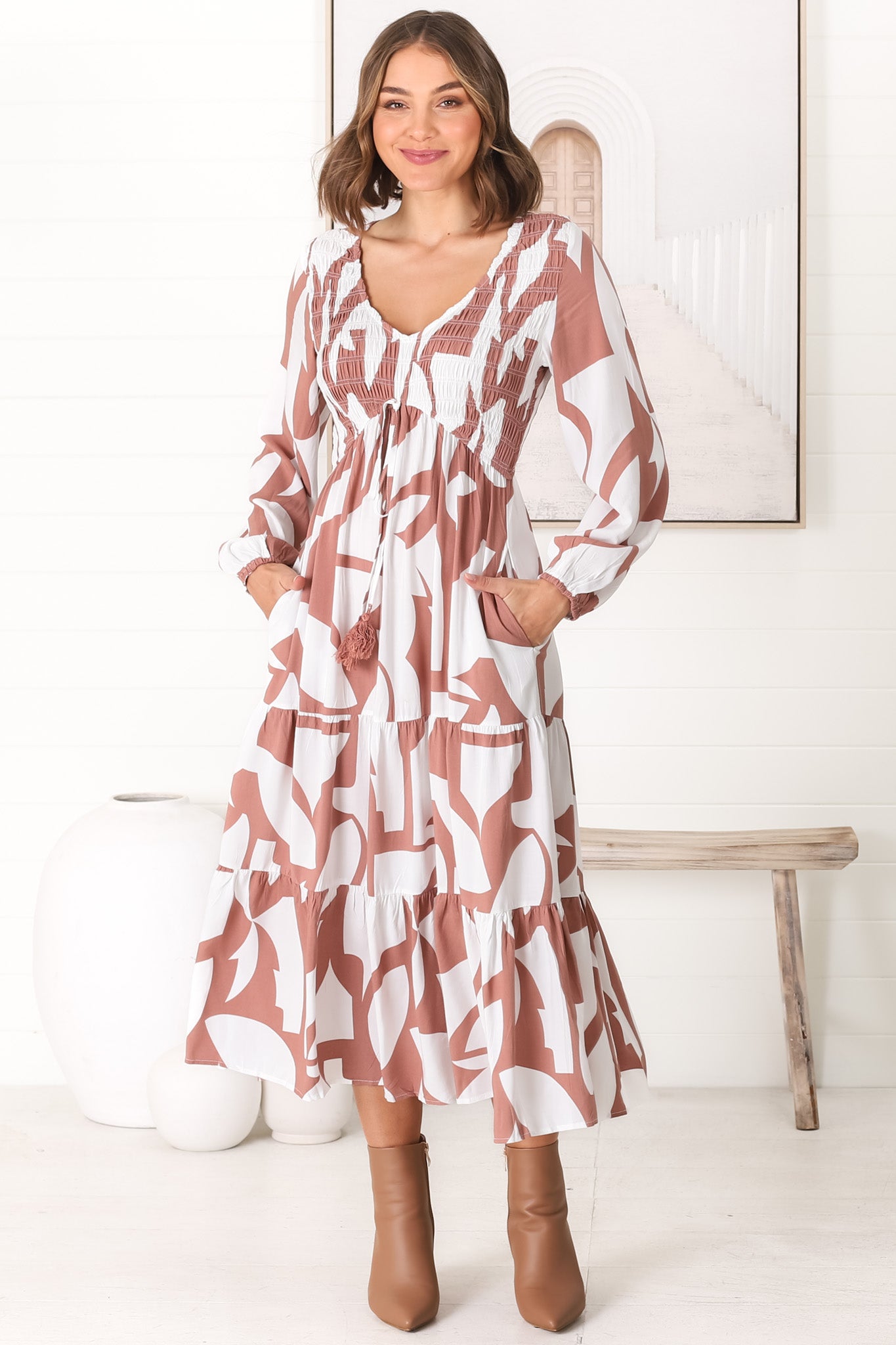 Elias Midi Dress - Shirred Elasticated Bodice A Line Dress with Long Sleeves in Azira Fawn