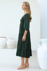 Lellah Midi Dress - Shirred Bodice Soft V Neck Tiered Dress in Green