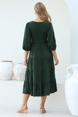 Lellah Midi Dress - Shirred Bodice Soft V Neck Tiered Dress in Green