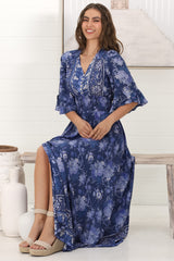 Alba Maxi Dress - Buttoned Bodie A Line Dress With Flute Sleeves In Janger Print