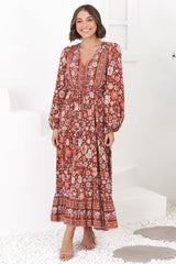 Devika Maxi Dress - Pull In Waist A Line Dress in Anissa Print Rust