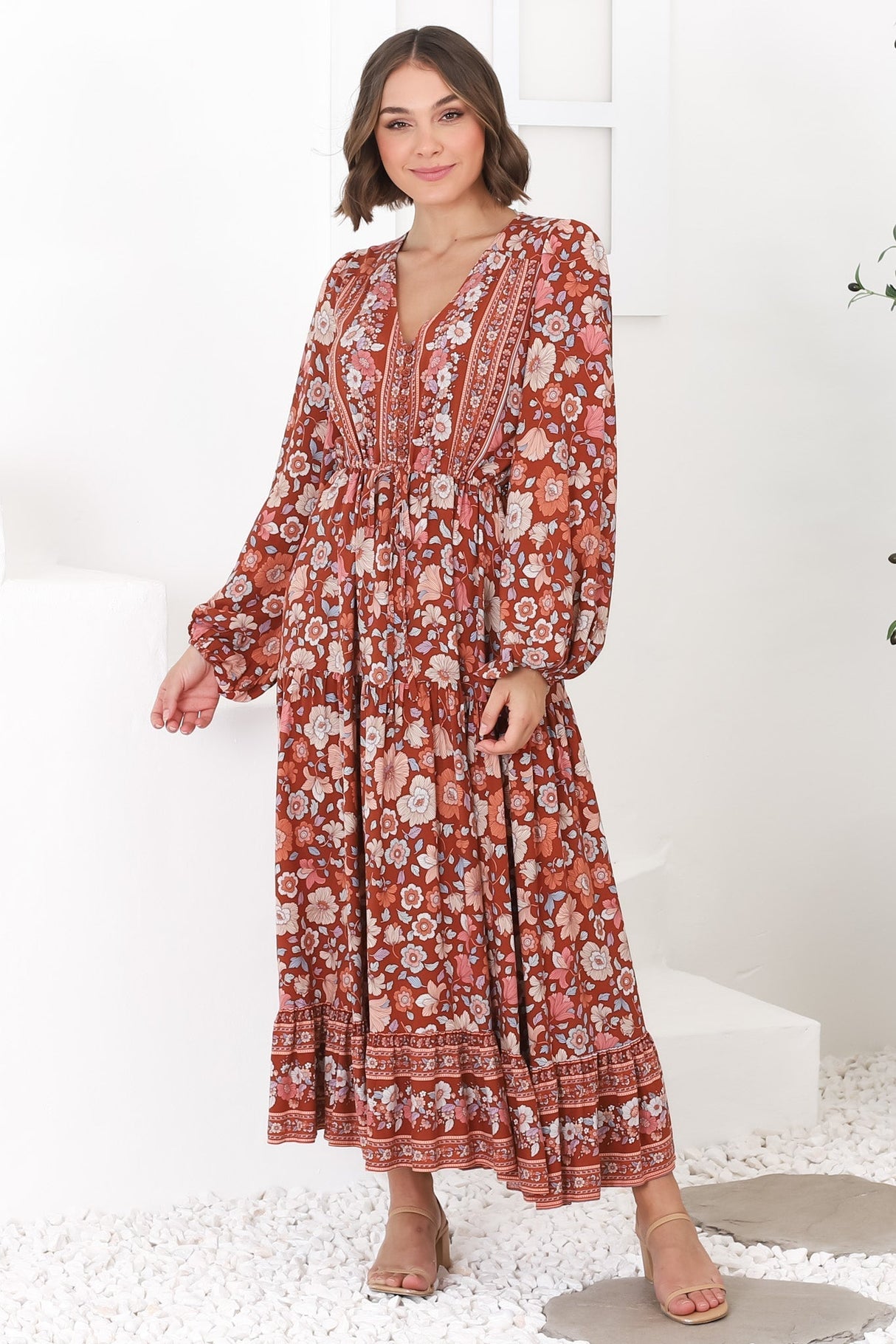 Devika Maxi Dress - Pull In Waist A Line Dress in Anissa Print Rust