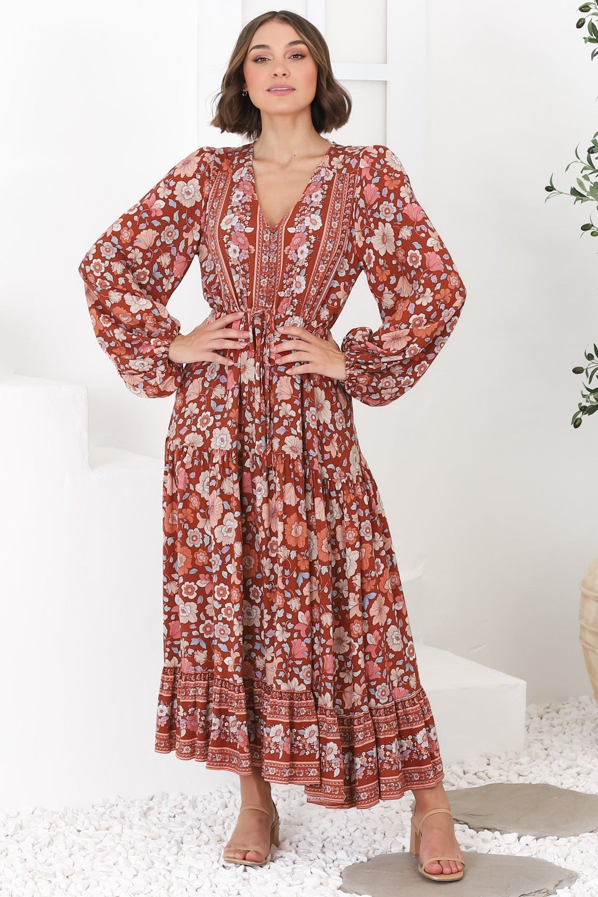 Devika Maxi Dress - Pull In Waist A Line Dress in Anissa Print Rust