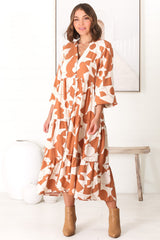 Avery Midi Dress - Relaxed Button Down Tiered Dress with Balloon Sleeves in Zaire Rust