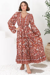 Devika Maxi Dress - Pull In Waist A Line Dress in Anissa Print Rust