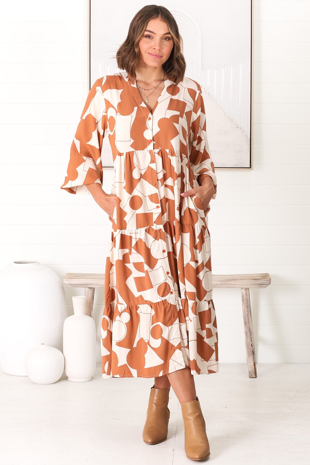 Avery Midi Dress - Relaxed Button Down Tiered Dress with Balloon Sleeves in Zaire Rust