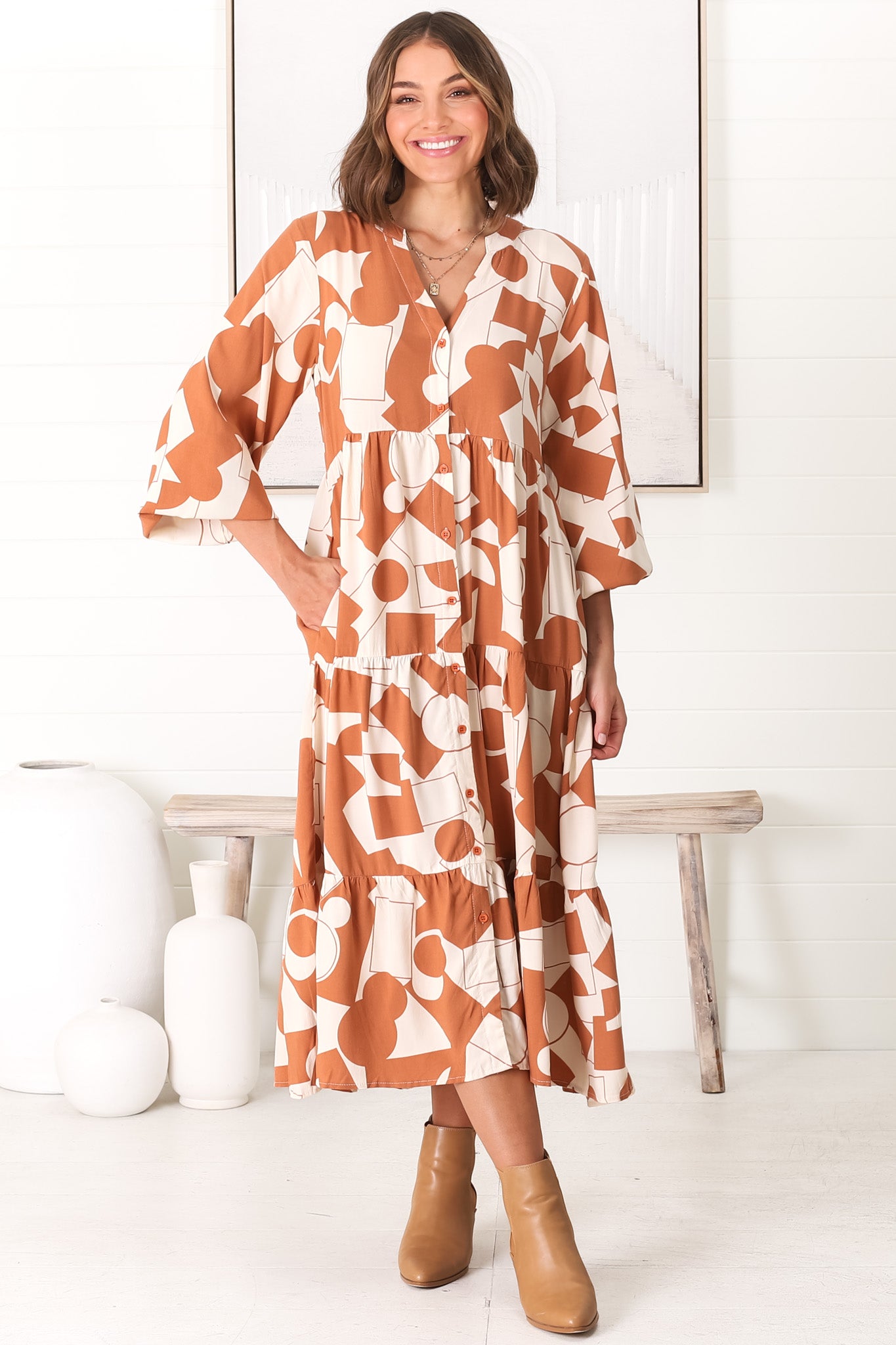 Avery Midi Dress - Relaxed Button Down Tiered Dress with Balloon Sleeves in Zaire Rust