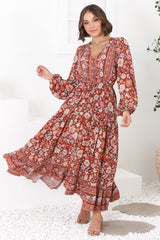 Devika Maxi Dress - Pull In Waist A Line Dress in Anissa Print Rust