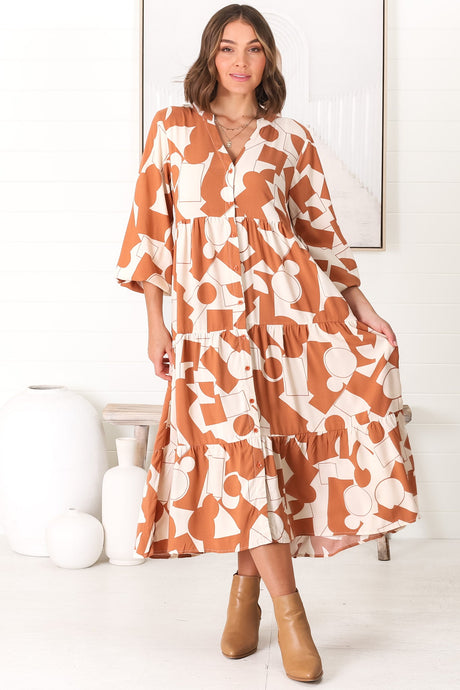 Avery Midi Dress - Relaxed Button Down Tiered Dress with Balloon Sleeves in Zaire Rust