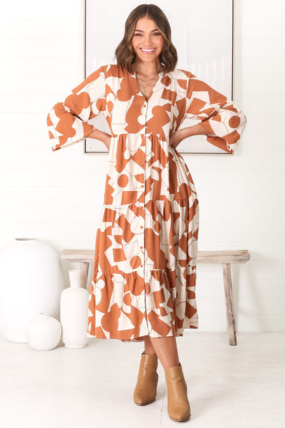 Avery Midi Dress - Relaxed Button Down Tiered Dress with Balloon Sleeves in Zaire Rust