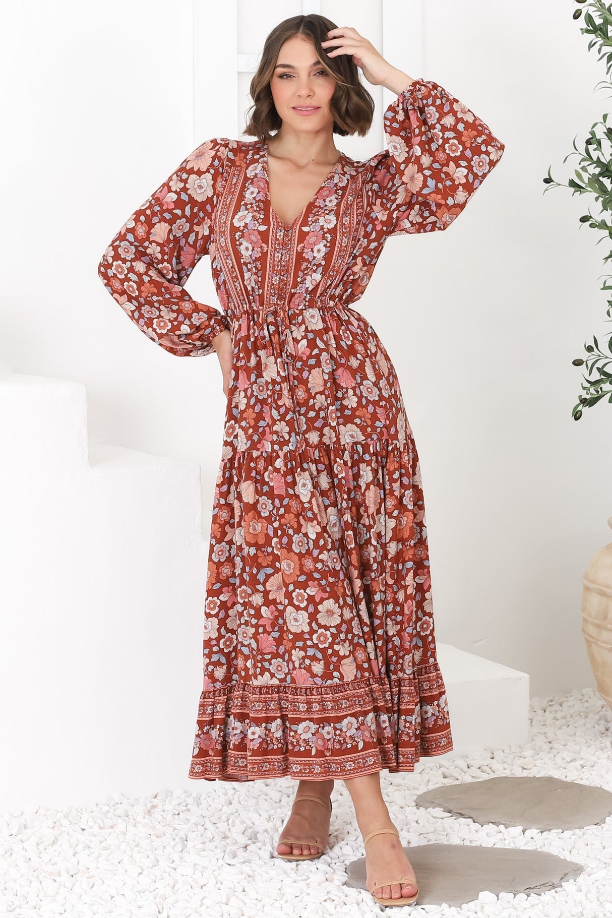 Devika Maxi Dress - Pull In Waist A Line Dress in Anissa Print Rust