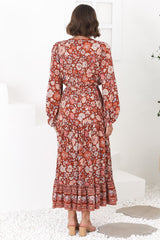 Devika Maxi Dress - Pull In Waist A Line Dress in Anissa Print Rust