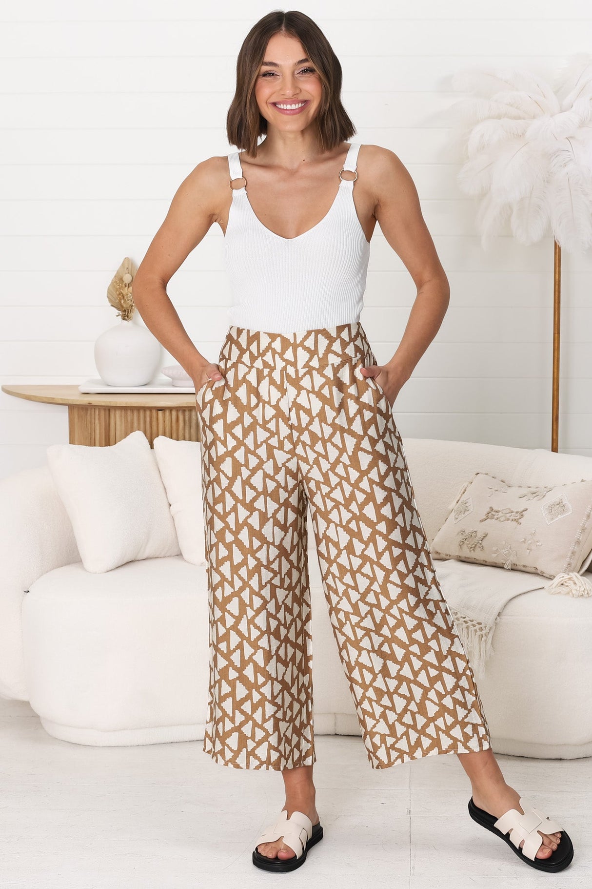 Colbie Pants - Crop Wide Leg Pants with Pockets in Aria Print Tan