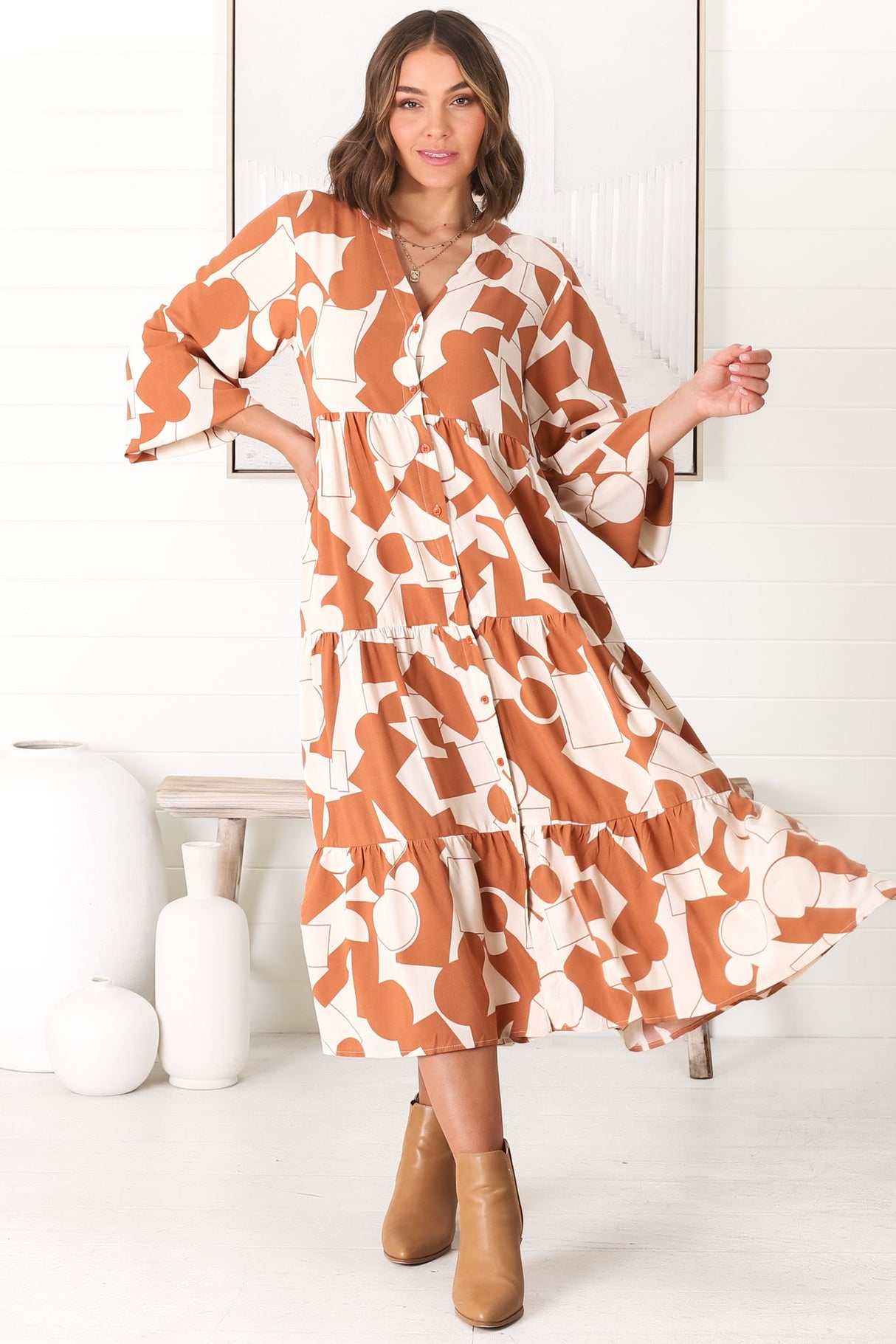 Avery Midi Dress - Relaxed Button Down Tiered Dress with Balloon Sleeves in Zaire Rust