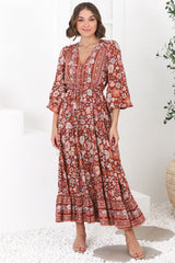 Devika Maxi Dress - Pull In Waist A Line Dress in Anissa Print Rust