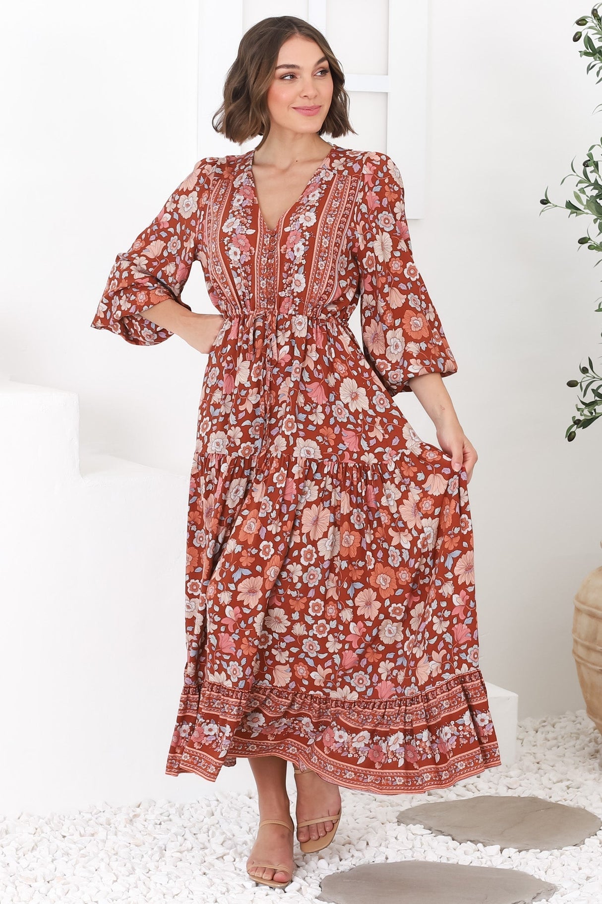 Devika Maxi Dress - Pull In Waist A Line Dress in Anissa Print Rust