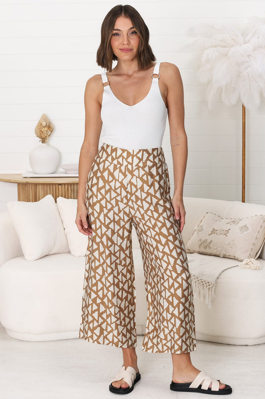 Colbie Pants - Crop Wide Leg Pants with Pockets in Aria Print Tan