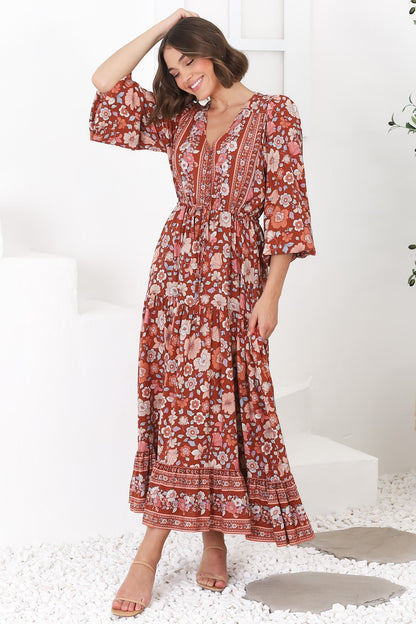 Devika Maxi Dress - Pull In Waist A Line Dress in Anissa Print Rust