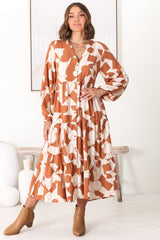 Avery Midi Dress - Relaxed Button Down Tiered Dress with Balloon Sleeves in Zaire Rust