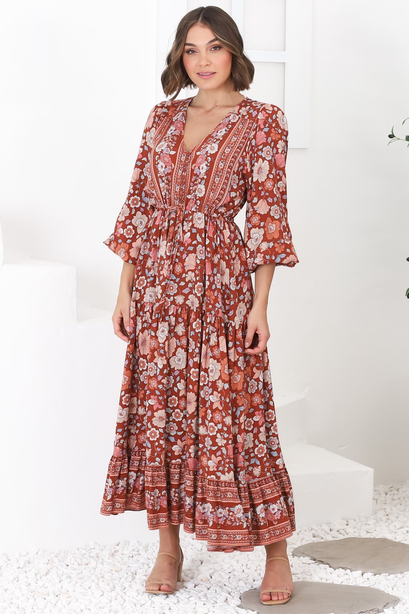 Devika Maxi Dress - Pull In Waist A Line Dress in Anissa Print Rust