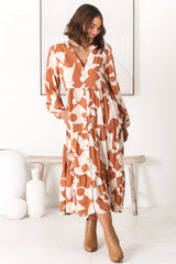 Avery Midi Dress - Relaxed Button Down Tiered Dress with Balloon Sleeves in Zaire Rust